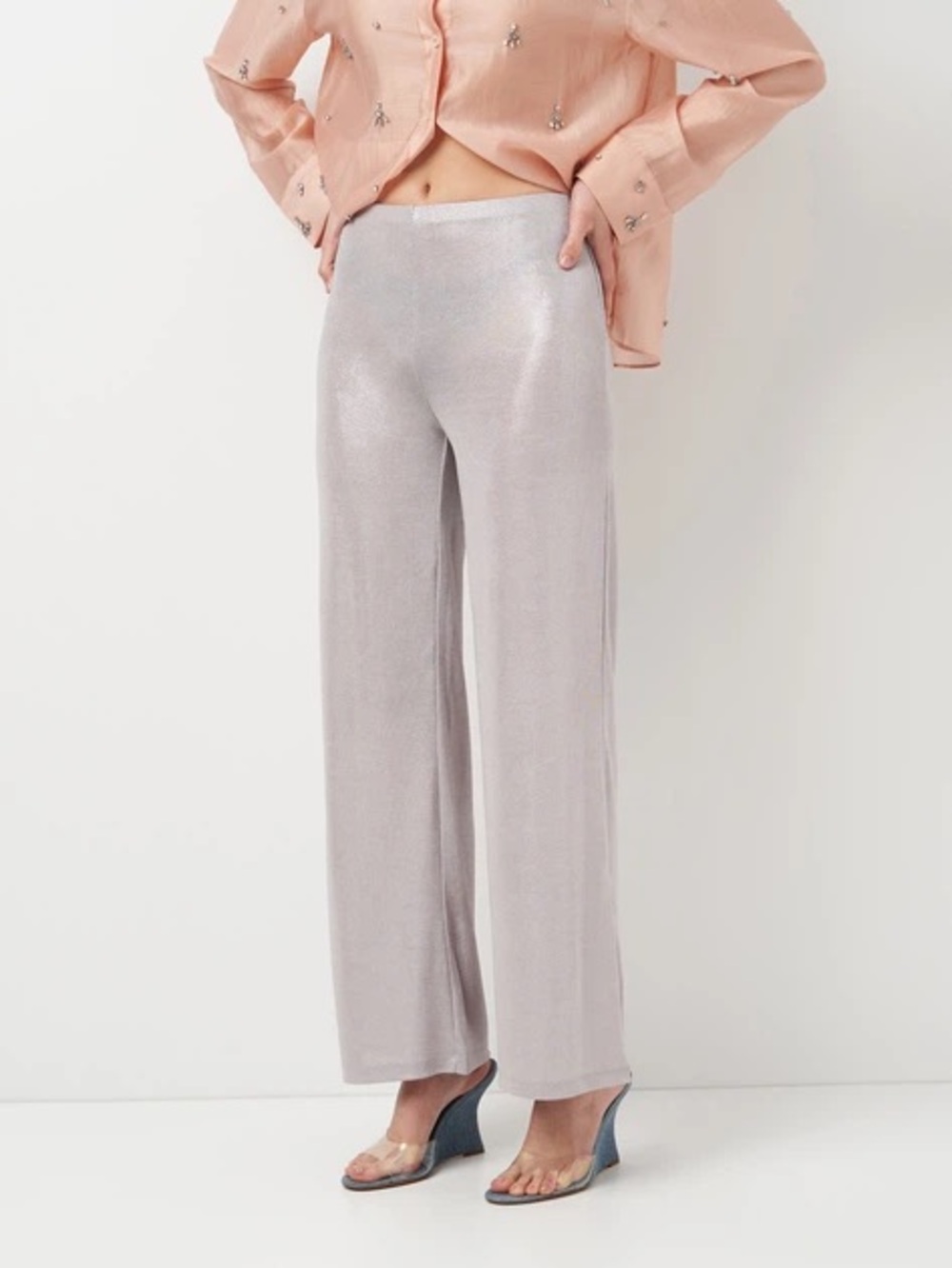 Zara Metallic Silver Wide Leg Pants Size M NWT